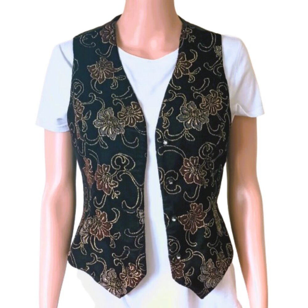 Embroidered Black Velvet Vest S Women's Vtg Metallic Flowers Rhinestone Buttons